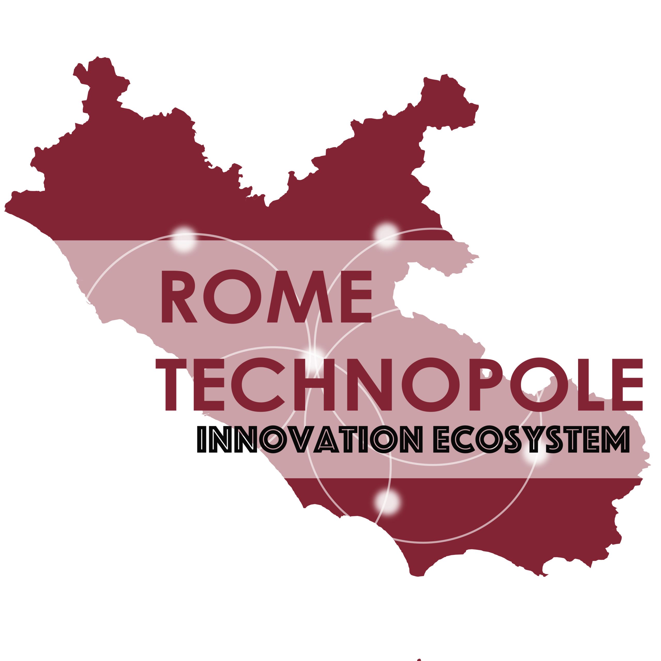 Contorno bordeaux della regione Lazio con cerchi bianchi luminosi; testo: "ROMA TECHNOPOL" e sotto, in piccolo, "INNOVATION ECOSYSTEM".