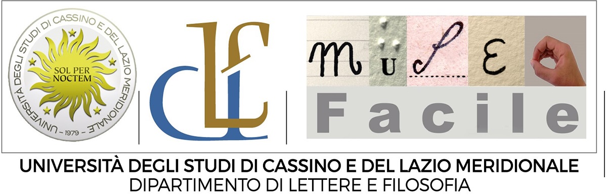 Logo con la scritta "MULE Facile" in caratteri grafici, mano che disegna una lettera, stemma e iniziali dell'Università di Cassino.