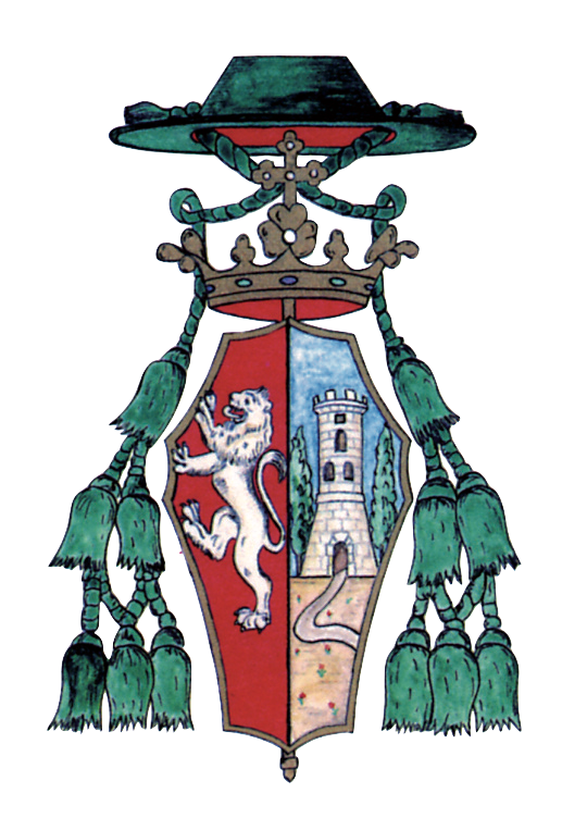 Scudo araldico bipartito: a sinistra leone bianco su rosso, a destra torre di pietra su blu con sentiero verde; sopra corona dorata e cappello verde con nappe ai lati.