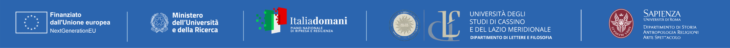 Striscione blu con i loghi di Unione Europea, Ministero Università e Ricerca, PNRR, UniCassino, Sapienza e testo correlato.