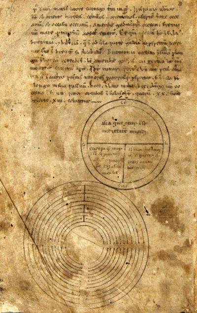 Pagina del Codice 391 con testo latino in alto e due diagrammi geometrici in basso: un cerchio suddiviso in sezioni e un grande labirinto circolare a più anelli concentrici.