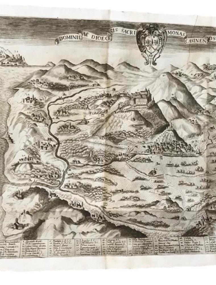 Antica mappa illustrata del territorio di Montecassino con l’Abbazia al centro e i paesi circostanti.