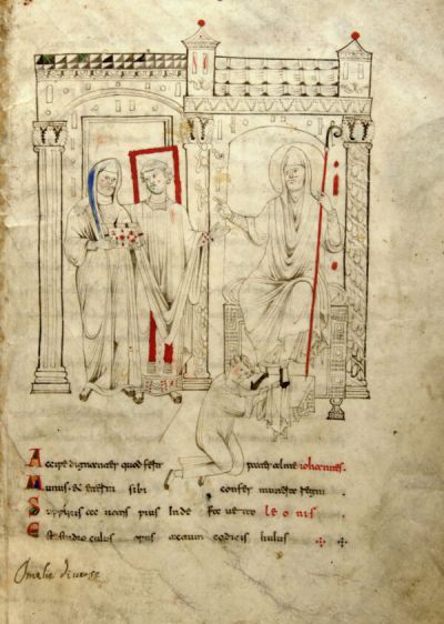 Pagina del Codice 99 con una scena miniata: una figura seduta in trono riceve un dono da un personaggio inginocchiato, mentre due figure stanti osservano sotto un’architettura decorata.