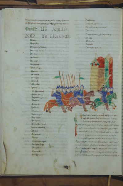 Miniatura medievale con una scena di cavalieri armati a cavallo, disposti in gruppo con lance alzate, davanti a edifici merlati; il testo latino è disposto intorno alla scena.