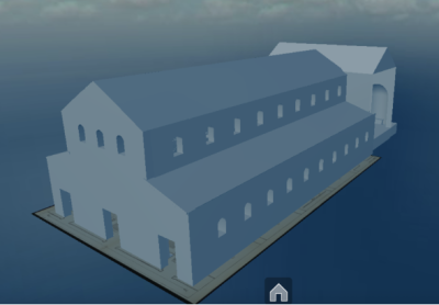 Modello 3D di un edificio rettangolare a due piani con tetto a falde e finestre ad arco, su una piattaforma circondata dall'acqua.