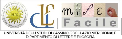 Logo con la scritta "MULE Facile" in caratteri grafici, mano che disegna una lettera, stemma e iniziali dell'Università di Cassino.