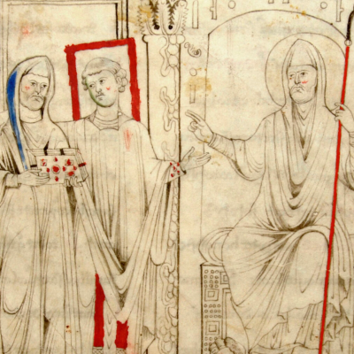 Tre figure: una seduta con bastone e cappuccio, due in piedi; una delle due regge un libro decorato. Dettagli rossi e blu.