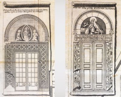 Riproduzione dei portali della chiesa abbaziale di Desiderio, con due ingressi decorati da archi, motivi ornamentali e figure sacre, tratta dall’opera di Erasmo Gattola del 1733.