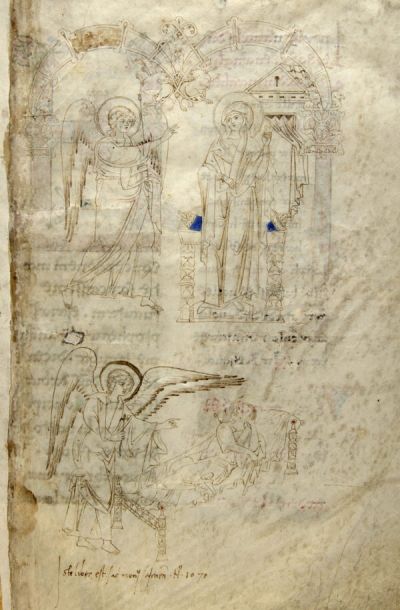 Pagina del Codice 99 con scene miniate a tratto sottile: in alto l’Annunciazione con l’angelo e Maria sotto un’architettura arcuata, e in basso un angelo che appare in sogno a un uomo disteso.