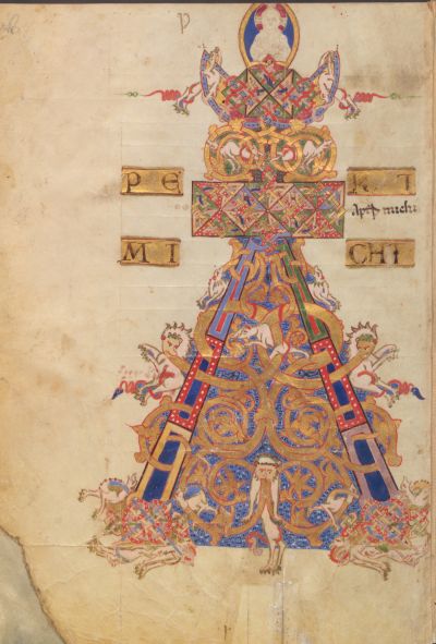 Pagina miniata del Cod. 98 con una grande iniziale decorata, caratterizzata da intricate volute dorate, figure zoomorfe e motivi intrecciati su fondo blu, sormontata da un medaglione con figura benedicente.
