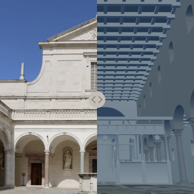 Immagine che confronta la versione reale con la versione virtuale dell'abbazia di Montecassino