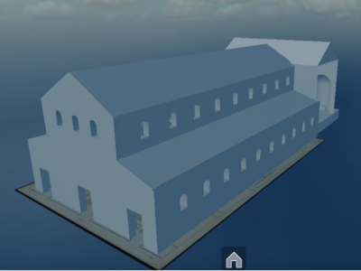 Modello 3D di edificio rettangolare allungato con due tetti a falde, più file di finestre ad arco e ingresso arcuato, su piattaforma blu.