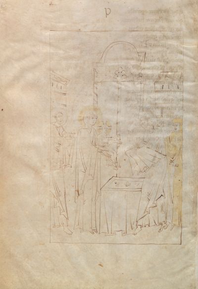Pagina del Codice 98 con una scena miniata tracciata a linee: la Vergine con il Bambino al centro, affiancata da figure aureolate sotto un’architettura stilizzata.