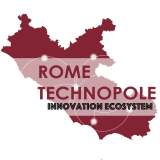 Contorno bordeaux della regione Lazio con cerchi bianchi luminosi; testo: "ROMA TECHNOPOL" e sotto, in piccolo, "INNOVATION ECOSYSTEM".