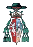 Scudo araldico bipartito: a sinistra leone bianco su rosso, a destra torre di pietra su blu con sentiero verde; sopra corona dorata e cappello verde con nappe ai lati.