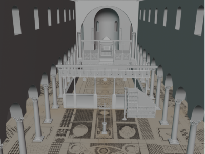 Ricostruzione 3D dell'interno di una basilica antica con file di colonne, mosaici sul pavimento, gallerie superiori e abside in fondo.
