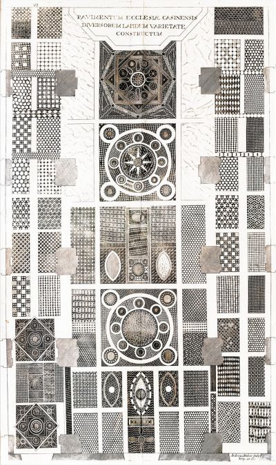 Riproduzione settecentesca del pavimento della chiesa abbaziale di Desiderio, con complessi motivi geometrici e cosmateschi tratti dall’opera di Erasmo Gattola del 1733.